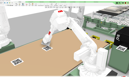 ABB Roboter bringt Sticker auf Holzplatte auf.